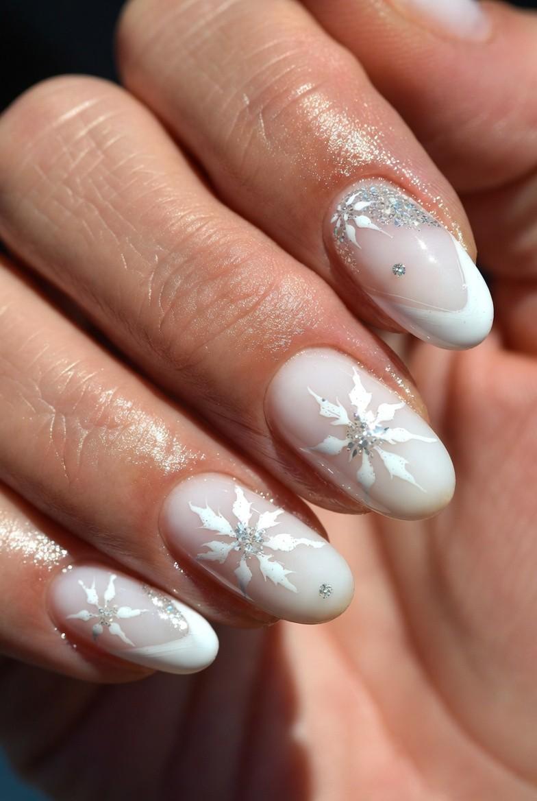 Glitter snowflake nail art on white winter nails